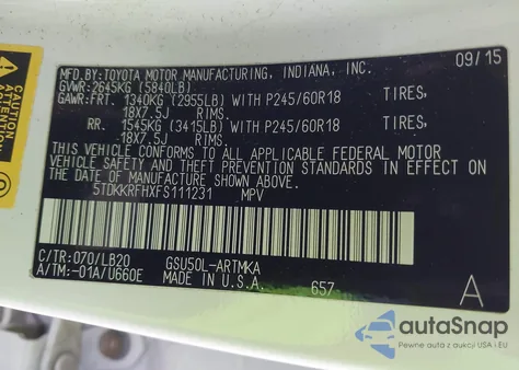 2015 Toyota Highlander Xle V6 из США, поврежденный, VIN 5TDKKRFHXFS111231